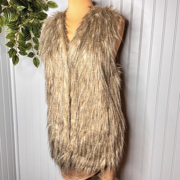 Daisy Jones Sz L Sebby Collection Faux Fur Vest Beige Tan Hippy Boho Festival - Picture 2 of 12